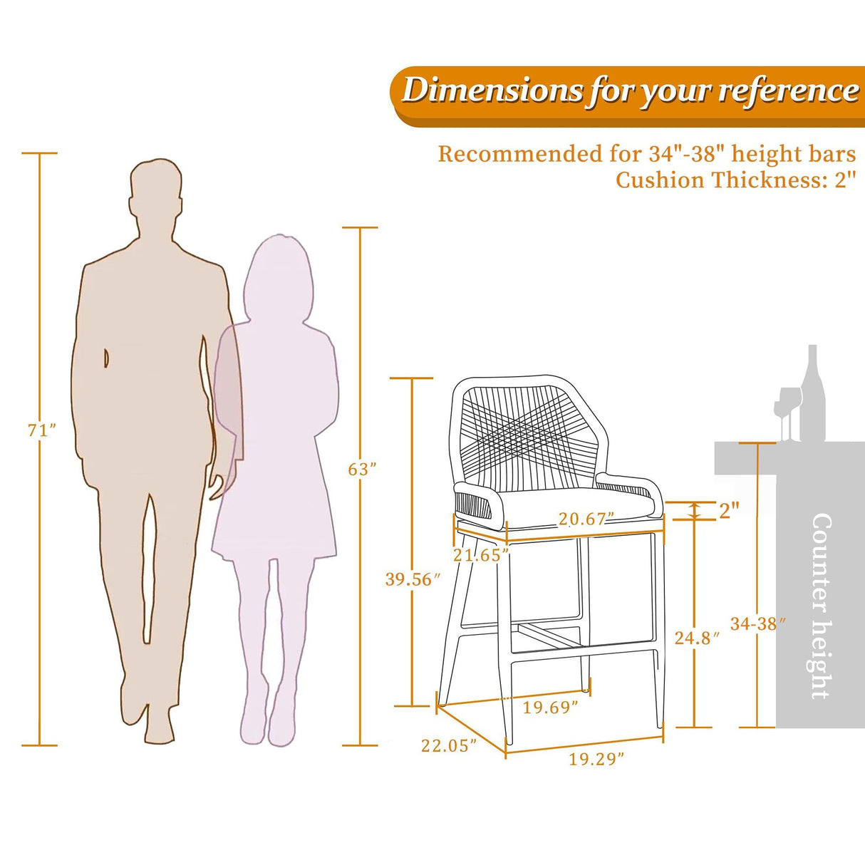 PURPLE LEAF Counter Height Bar Stools Set of 2 Rattan Wicker Outdoor Metal Boho Barstools with Back and Footrest Patio Garden Balcony Pool Bar Chairs PURPLE LEAF