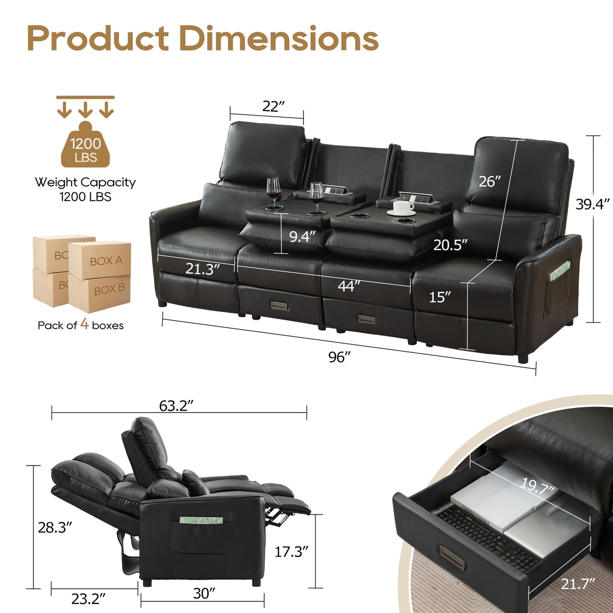 DRMBOOK 96'' RV 4 Seater Recliner Sofa, Faux Leather Three Camper Couch 4 Seater Recliner, Home Movie Theater Seating Chair, 4 Person Push Back Recliners for Living Room, Black DRMBOOK