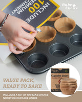 Bake Choice Muffin Top Pan includes 100 Natural Cupcake Liners, Cupcake Pans Nonstick 12 Cup, Muffin Tin, Carbon Steel Baking Supplies Bake Choice