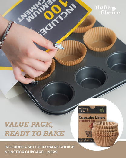 Bake Choice Muffin Top Pan includes 100 Natural Cupcake Liners, Cupcake Pans Nonstick 12 Cup, Muffin Tin, Carbon Steel Baking Supplies