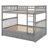 FAROUCHE Full Over Full Bunk Bed with 2 Storage Drawers, Sturdy Solid Wood Bunk Bed Frame with Ladder and Guardrails, Can be Convertible into 2 Platform Bed, Easy Assembly, Grey FAROUCHE