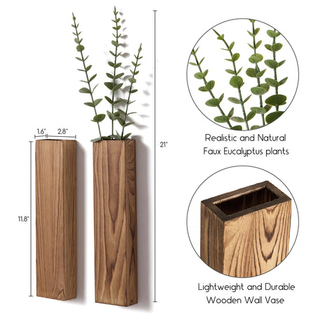 Mokof 4 Pack Wooden Wall Planters with Fake Eucalyptus Stems, Modern Farmhouse Wood Vases Plants Wall Decor for Living Room, Bedroom, Bathroom (Dark Brown) Mokof