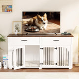 EBE Dog Crate Furniture, 63''Wooden Dog Crate with 2 Drawers and Removable Divider, Dog Kennel Indoor Furniture with Double Rooms, Heavy Duty Dog Crate Table Indoor TV Stand for Small Medium Dogs EBE