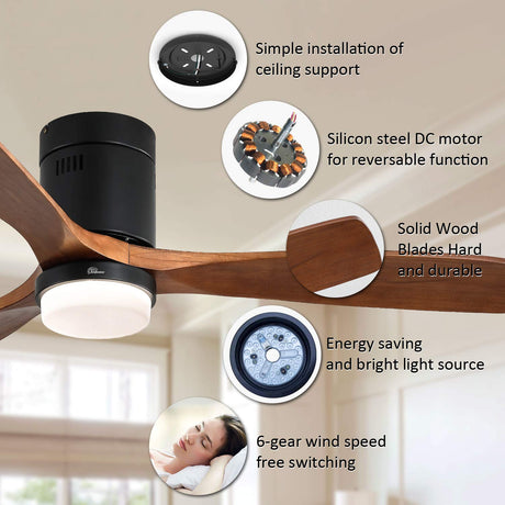 Sofucor 52 Inch Low Profile Ceiling Fan with Lights 3 Wood Fan Blade Noiseless Reversible DC Motor Remote Control Flush Mount Ceiling Fan with Light for Farmhouse Modern Style Contemporary Decor Sofucor