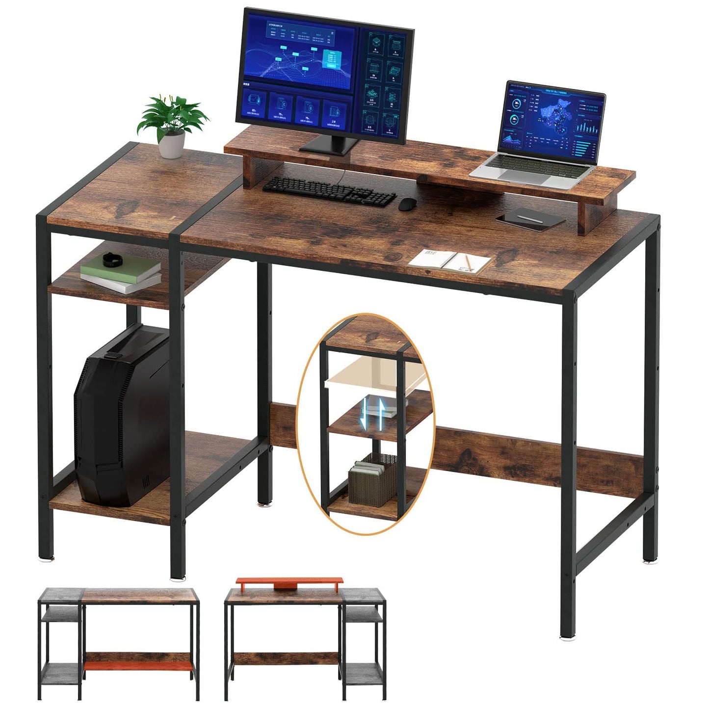 MINOSYS Gaming/Computer Desk - 47” Home Office Small Desk with Monitor Stand, Rustic Writing Desk for 2 Monitors, Adjustable Storage Space, Modern Design Corner Table.