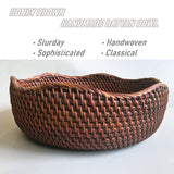 AMOLOLO Handmade Rattan Round Fruit Basket Food Storage Bowls Kitchen Organizer Snack Serving Bowl 10 Inch Wavy Edge Circle Tray Basket with 3” Deep Wall, Dark Brown Décor Display Tray Bowl, M amololo