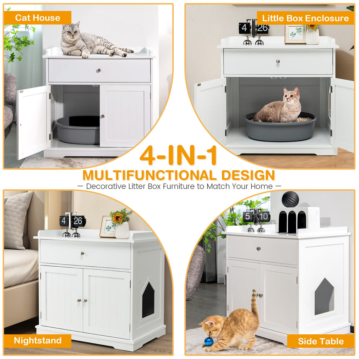 Tangkula Litter Box Enclosure, Cat Litter Box Furniture Hidden with Large Drawer, 2 Doors, Indoor Cat Washroom Storage Bench Side Table Cat House, Large Wooden Enclosed Litter Box Cabinet (White) Tangkula