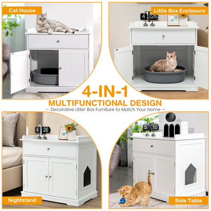 Tangkula Litter Box Enclosure, Cat Litter Box Furniture Hidden with Large Drawer, 2 Doors, Indoor Cat Washroom Storage Bench Side Table Cat House, Large Wooden Enclosed Litter Box Cabinet (Wh - WoodArtSupply