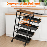 Landmok 5-Tier Slim Storage Cart, Wooden Top Rolling Kitchen Cart with Pull-Out Baskets & Wheels, Narrow Space Utility Cart Slide Out Organizer for Kitchen, Bathroom, Laundry Room, Black Landmok