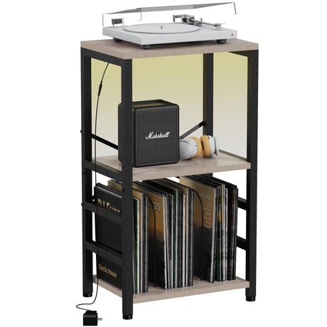 YAKANJ End Table with LED Light,Record Player Stand with Albums Storage,Vinyl Records Storage,Turntable Stand Side Table for Music Room Studio Living Room Bedroom-Greige YAKANJ