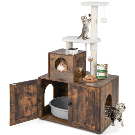 Giantex Litter Box Enclosure with Cat Tree, Cat Washroom Hidden Furniture with Cat Tower, Scratching Posts, Cat Condo, Jingling Ball, Air Vents, Wooden Pet Crate House (Rustic Brown) Giantex
