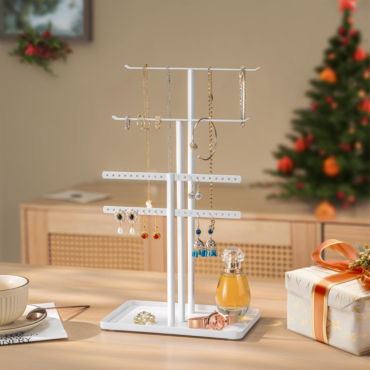 pickpiff Jewelry Stand Organizer, 14.5" Tall Sturdy Metal, 3-TierJewelry Holder for Necklace, Earring, Bracelet, Ring, Hanger for Display and Storage, Aesthetic Room Decor, White pickpiff
