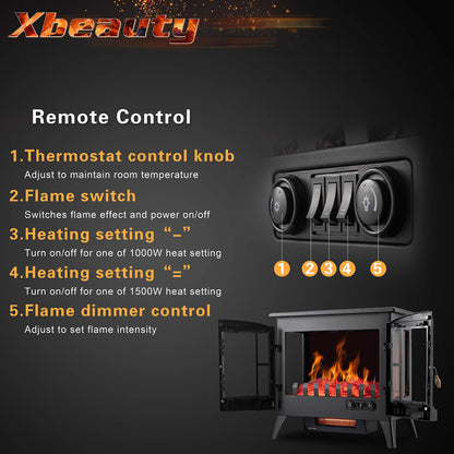 Xbeauty Electric Fireplace Stove, Freestanding Fireplace Heater with Realistic Flame, Indoor Electric Stove Heater, Portable, Infrared, Thermostat, Overheating Safety System, 1000W/1500W(23 Inch)