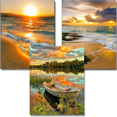 Diamond Painting Kits for Adults,3 Pack Sunset Ocean Diamond Art for Beginners, Diamond Round 5D Full Drill Paint with Diamonds Pictures Gem Art Painting Kits DIY Crafts Kits 12x16inch