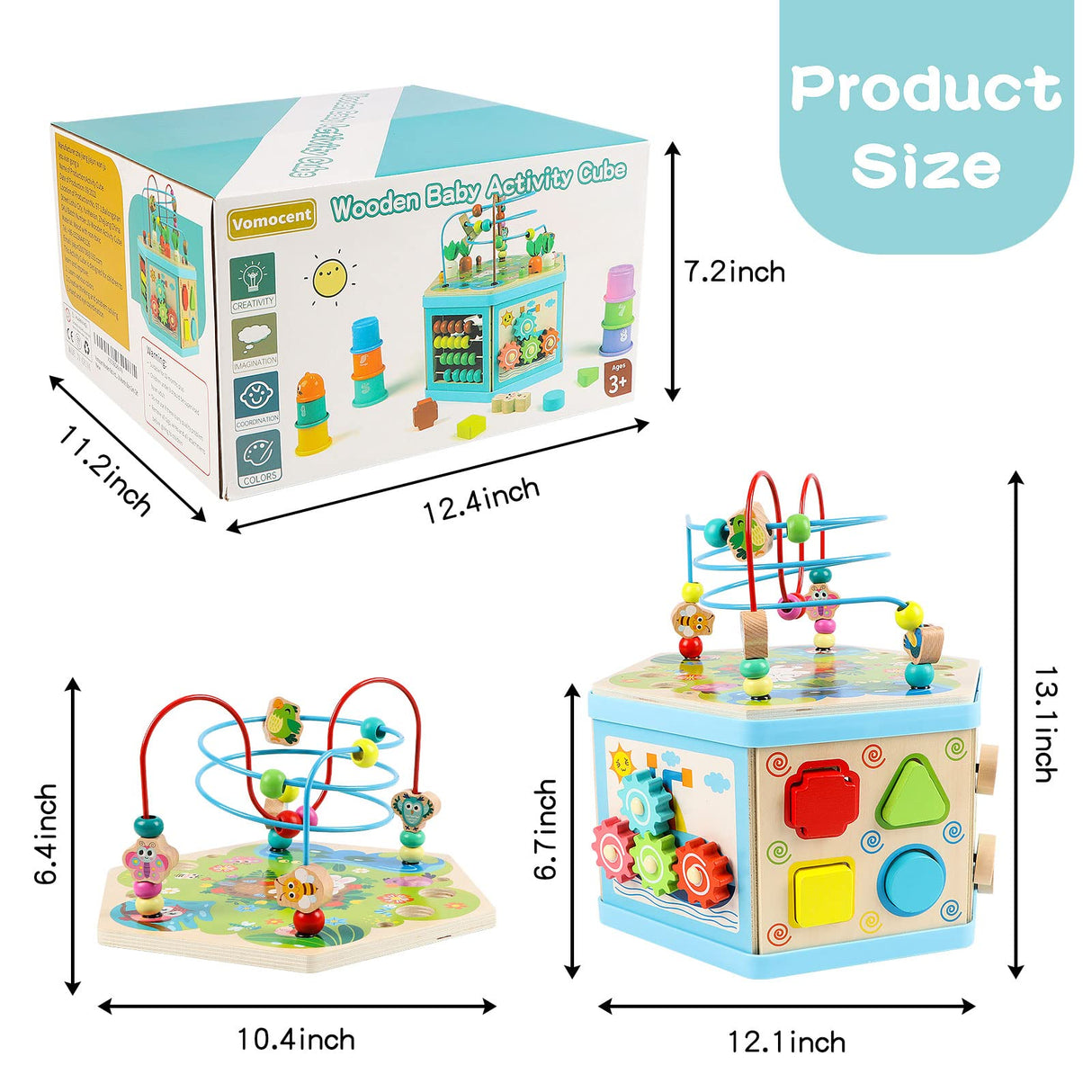 Vomocent Wooden Activity Cube for 1 Year Old Kids, Educational Learning Bead Maze for Toddler Age 1-3, Developmental Montessori Toys for 12-36 Months Boys Girls Gift Vomocent