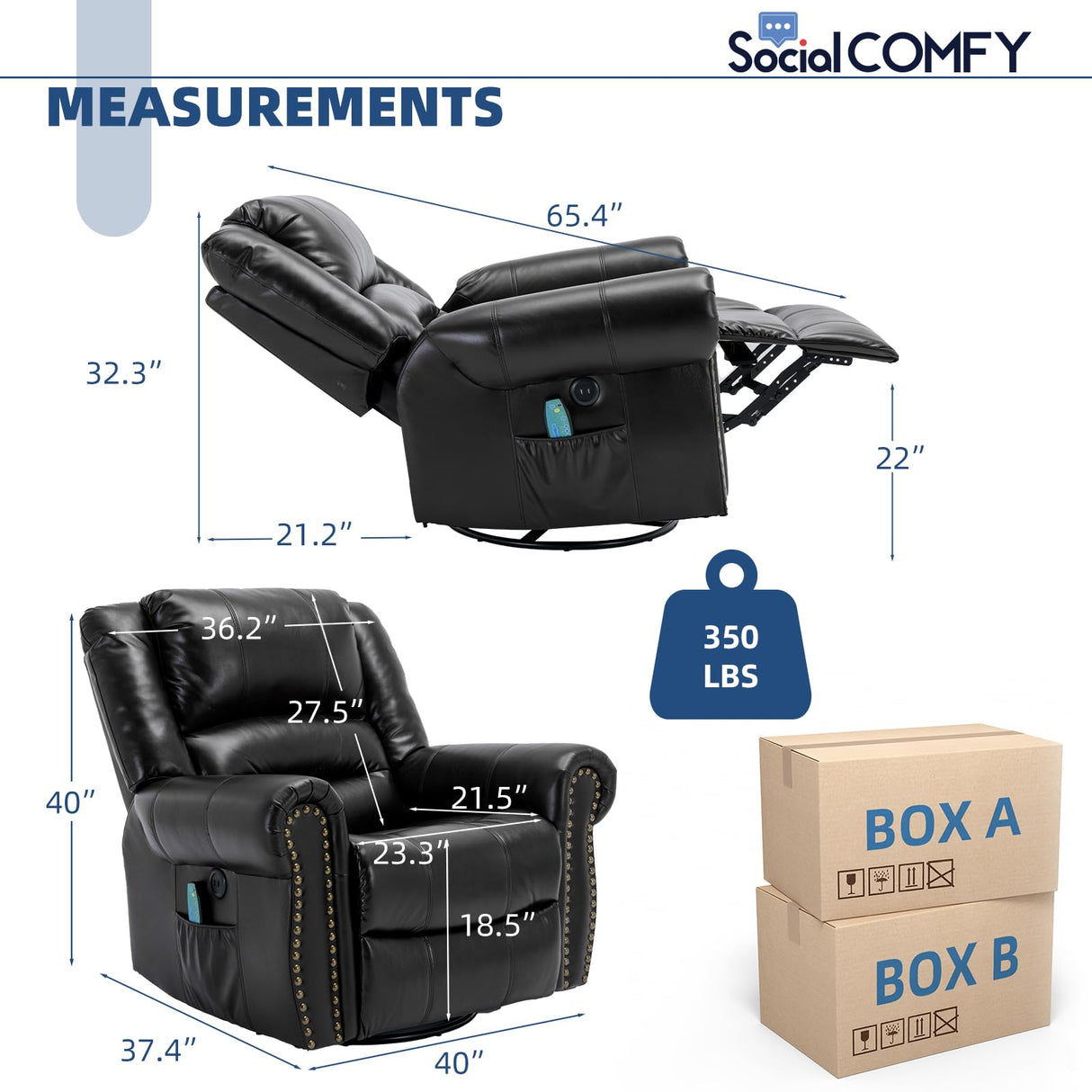 SOCIALCOMFY Swivel Rocker Recliner Chair with Heat and Vibration, 360° Swivel Glider Rocker Manual Reclining Chair, Massage Rocking Recliners with Side Pockets & USB Ports for Living Room, Black SOCIALCOMFY