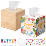 Weysat Unfinished Tissue Box Cover 5. 7 Inch Bamboo Wood Square Tissue Box Holder with Open Bottom with 2 Brushe 1 Paint Tray 12 Paint 2 Diamond Sticker for DIY Bathroom Bedroom Table Office Art Craft Weysat