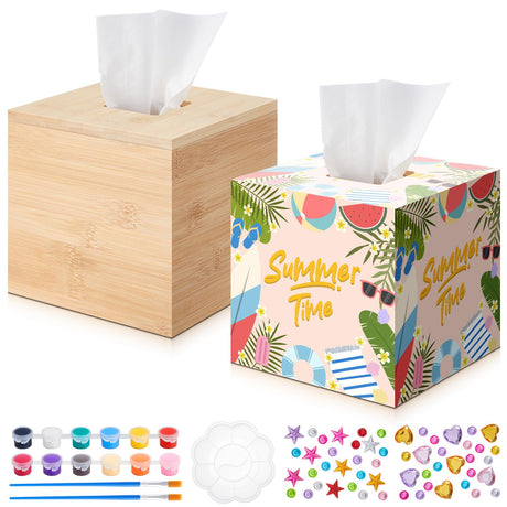 Weysat Unfinished Tissue Box Cover 5. 7 Inch Bamboo Wood Square Tissue Box Holder with Open Bottom with 2 Brushe 1 Paint Tray 12 Paint 2 Diamond Sticker for DIY Bathroom Bedroom Table Office Art Craft Weysat