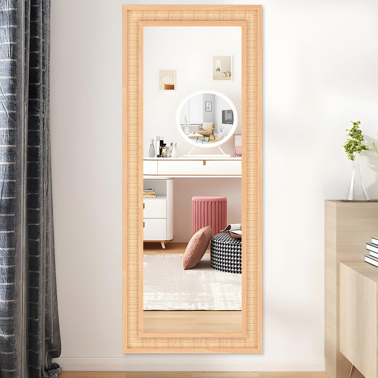 FUWU HOME Rattan Full Length Mirror, 24 X 60 inch Wood Bathroom Vanity Mirror, Free Standing or Wall Mounted Full Body Mirror for Bedroom, Living Room, Dressing Room FUWU HOME