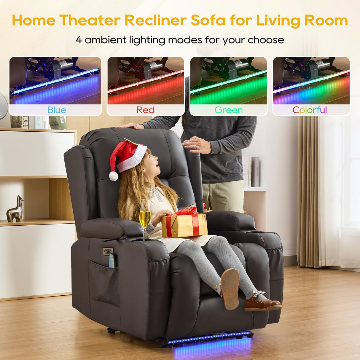 IPKIG Power Recliner Chair for Adults, Wall Hugger RV Recliners with LED Lights/USB Ports/Pillow/Side Pockets, Overstuffed Electric Recliner Sofa Chair for Living Room, Home Theater (1, Brown) IPKIG