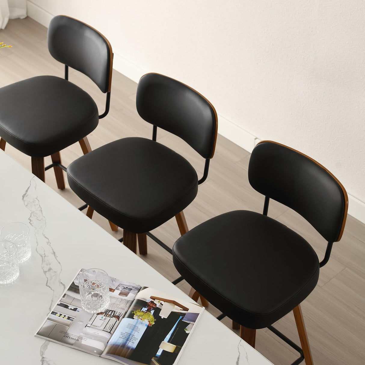 Bekrvio 26" Swivel Faux Leather Bar Stools Set of 4 with Ergonomic Backrest and Walnut Bent Wood Legs Bekrvio