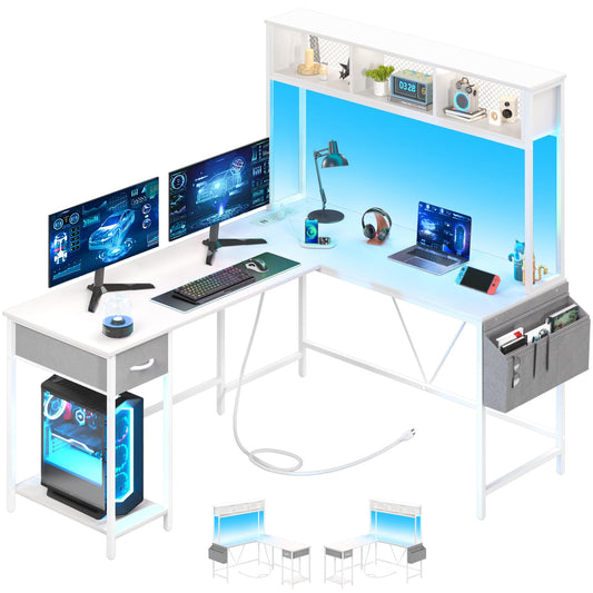 Yoobure L Shaped Desk Gaming Desk with LED Strip & Power Outlet, Reversible L-Shaped Computer Desk with Storage Shelf & Drawer, Corner Desk with Storage Bag, 2 Person Home Office Desk, White