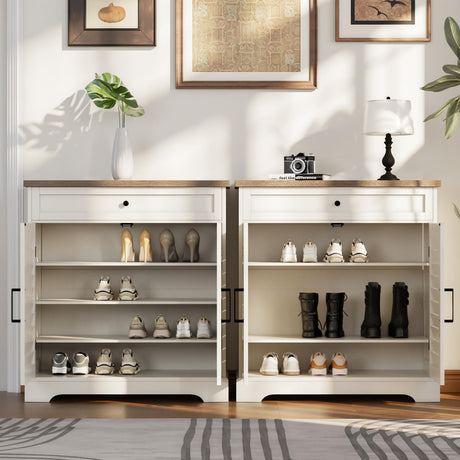ChooChoo Farmhouse Shoe Cabinet with Doors, 4-Tier Shoe Storage Cabinet with Drawer and Shelves, Wooden Shoe Rack Organizer for Entryway, Hallway, Closet, Soft White & Brown ChooChoo