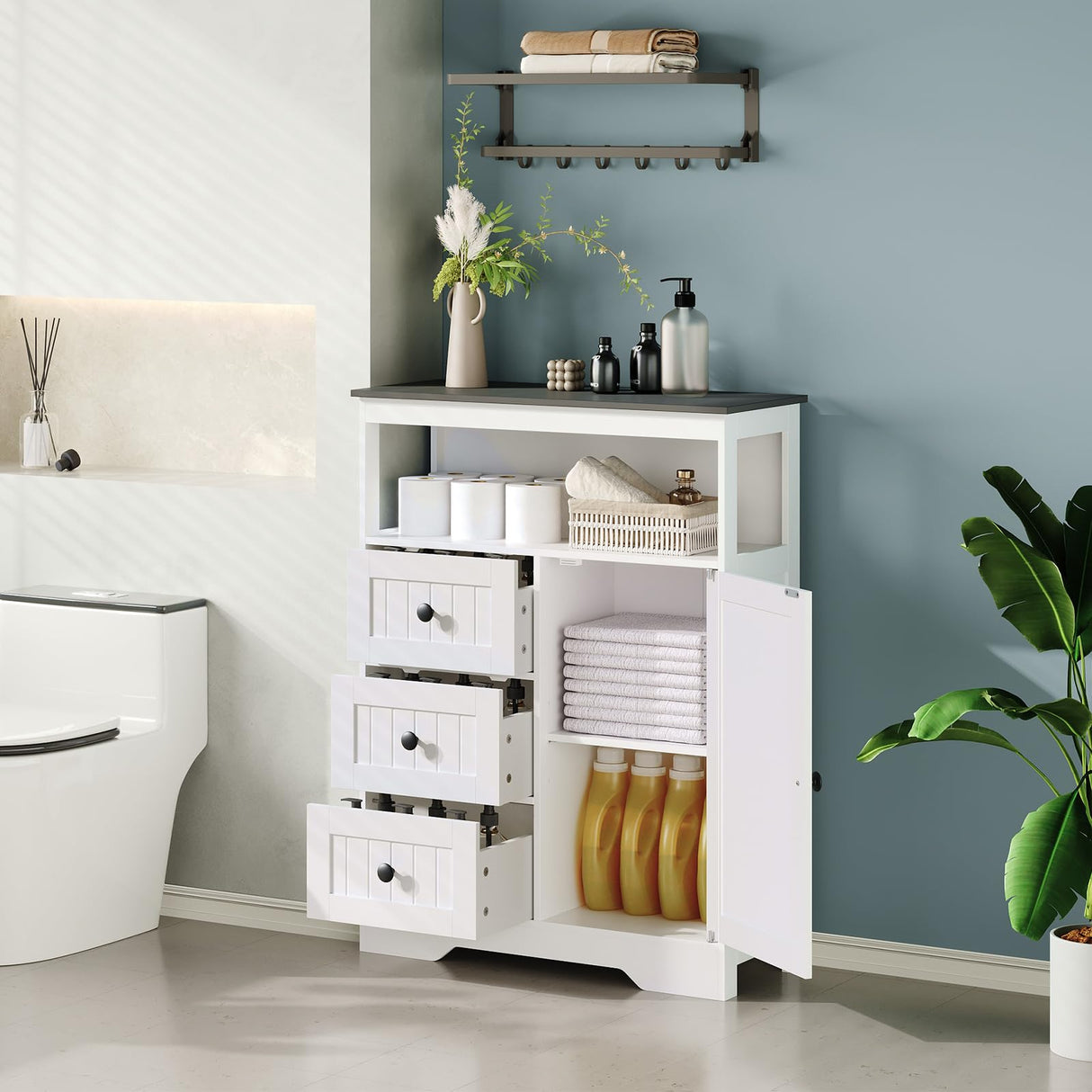 HOOBRO 28.3" Bathroom Storage Cabinet, Large Floor Cabinet, Freestanding Bathroom Storage Unit, 1 Cupboard and 3 Drawers, Adjustable Shelf, 28.3" L x 11.8" W x 37.8" H, White and Black HOOBRO