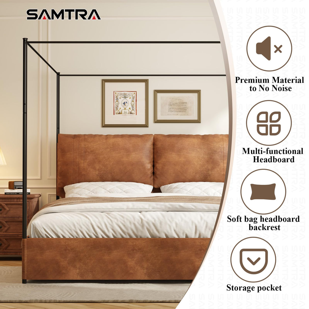 Modern Canopy Bed Frame with Upholstered Faux Leather Headboard – Tall Four Poster Metal Platform Bed, No Box Spring Needed, King Size, Brown and Black SAMTRA