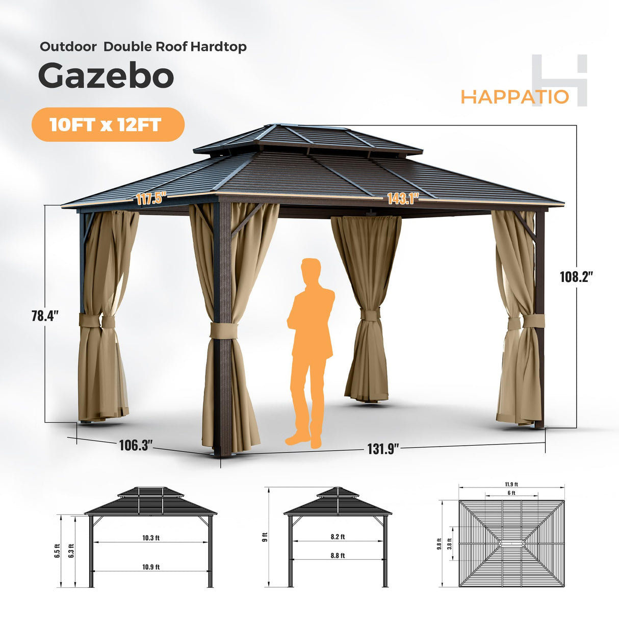 HAPPATIO 10' x 12' Hardtop Gazebo with Aluminum Frame, Outdoor Gazebo Hardtop with Galvanized Steel Double Roof for Deck, Backyard, Patio, Lawns (Brown) HAPPATIO