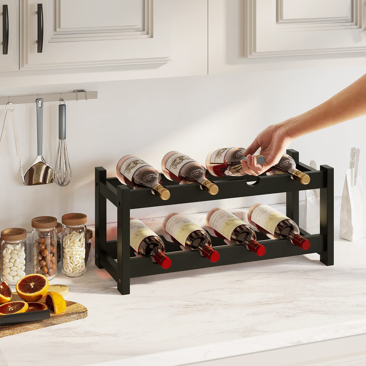 BAMEOS Wine Rack Freestanding 8 Bottle 2 Tier Bamboo Wine Racks Countertop Cabinet Wine Holder Wine Storage Shelf for Kitchen, Bar, Pantry, Wine Cellar, Countertop Black (16.85 L x 9.25W x 7H) BAMEOS