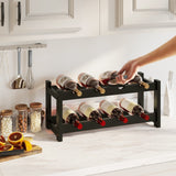 BAMEOS Wine Rack Freestanding 8 Bottle 2 Tier Bamboo Wine Racks Countertop Cabinet Wine Holder Wine Storage Shelf for Kitchen, Bar, Pantry, Wine Cellar, Countertop Black (16.85 L x 9.25W x 7H) BAMEOS