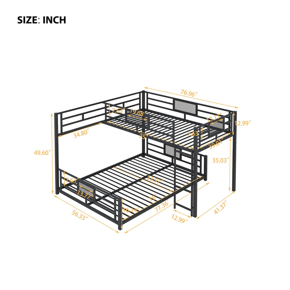 Heavy Duty Bunk Beds Twin Over Full Size, L-Shaped Bunk Bed with Full Length Guardrail and Ladder, No Box Spring Needed, Black Bunk Bed Twin Over Full Bellemave