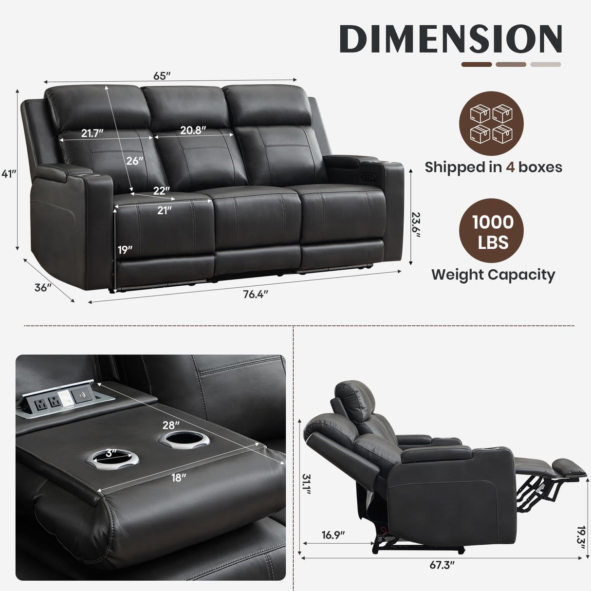 Neptane Power Reclining Sofa with Adjustable Headrest, Home Theater Seating Reclining Couch with LED Light/Outlet/Storage/USB&Type-C, Power Loveseat Recliner Sofa for Living Room (Grey&Black, Sofa) Neptane