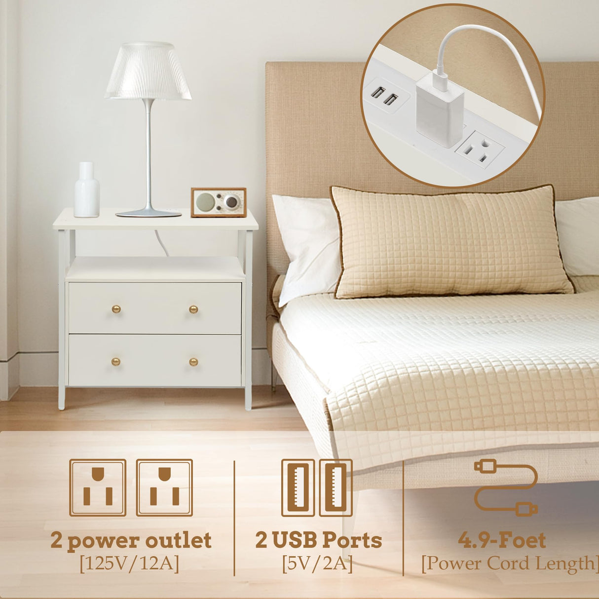 Edbuosy 27 inch Wide Nightstand with Charging Station, Bedside Table with Open Shelf, 2 Drawers Small Wood Dresser, End Side Table for Bedroom (White) Edbuosy