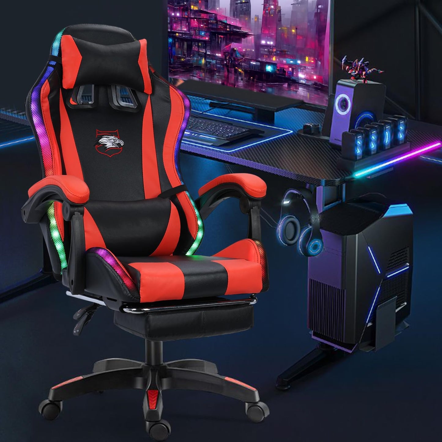 Gaming Chair with Compatible Speakers and RGB LED Lights, Ergonomic Massage Computer Gaming Chair with Height Adjustable, Video Game Chair High Back with Lumbar Support (Black & Red)