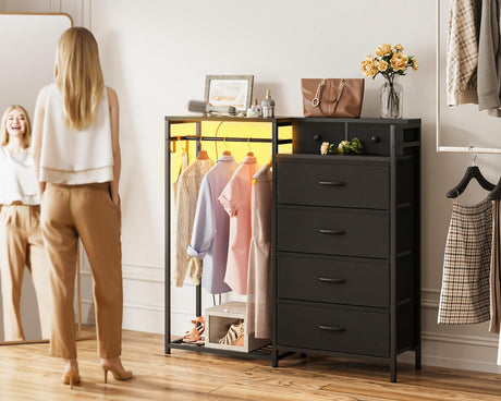KKL Dresser for Bedroom with Clothes Hanging Rack, Reversible Bedroom Dresser with Shoe Rack & 6 Fabric Drawers, 3-in-1 Storage Chest of Drawers with Led Lights & Charging Station for Closet, Black KKL