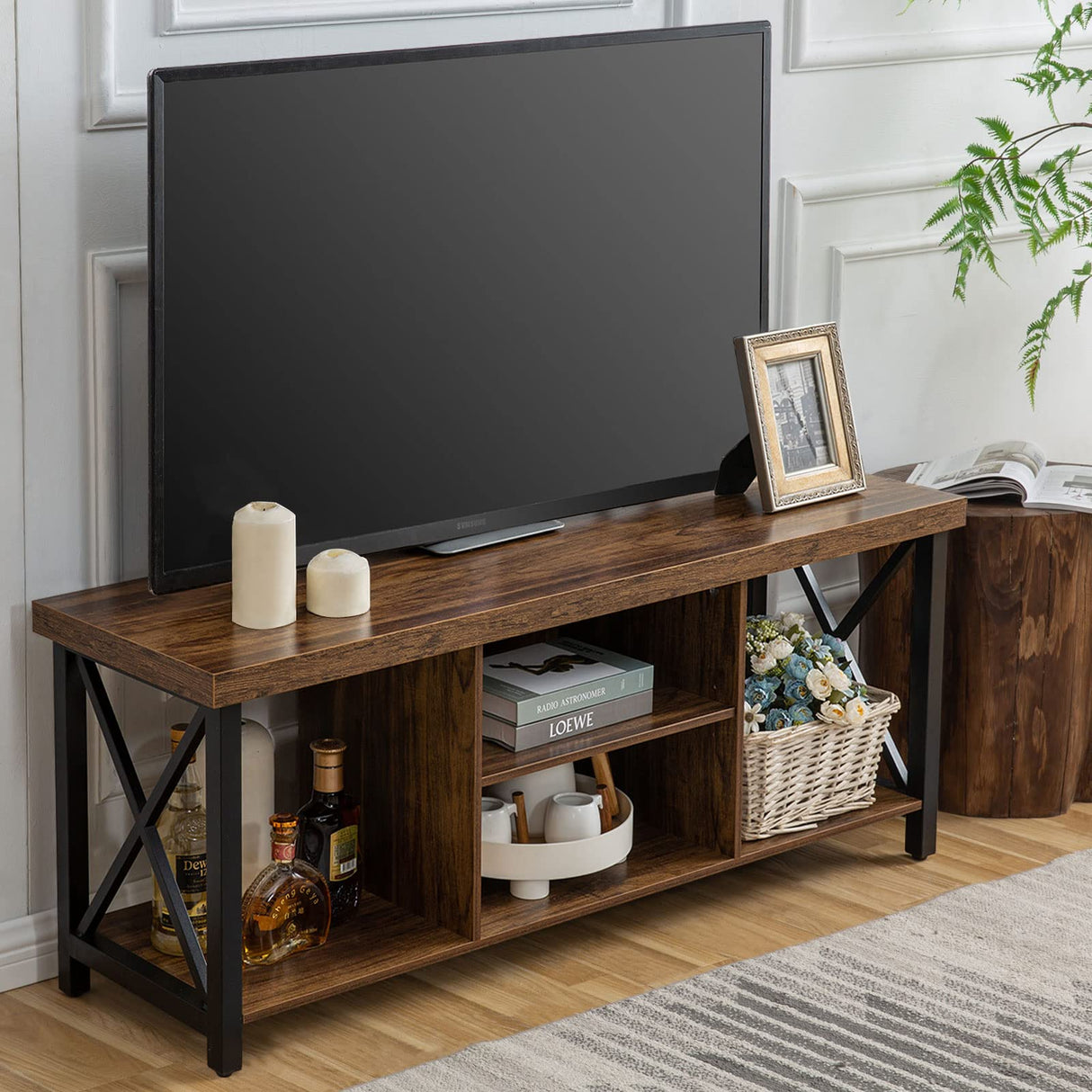GAZHOME TV Stand for TV up to 55 Inches, TV Cabinet with Open Storage, TV Console Unit with Shelving for Living Room, Entertainment Room, Rustic Brown GAZHOME