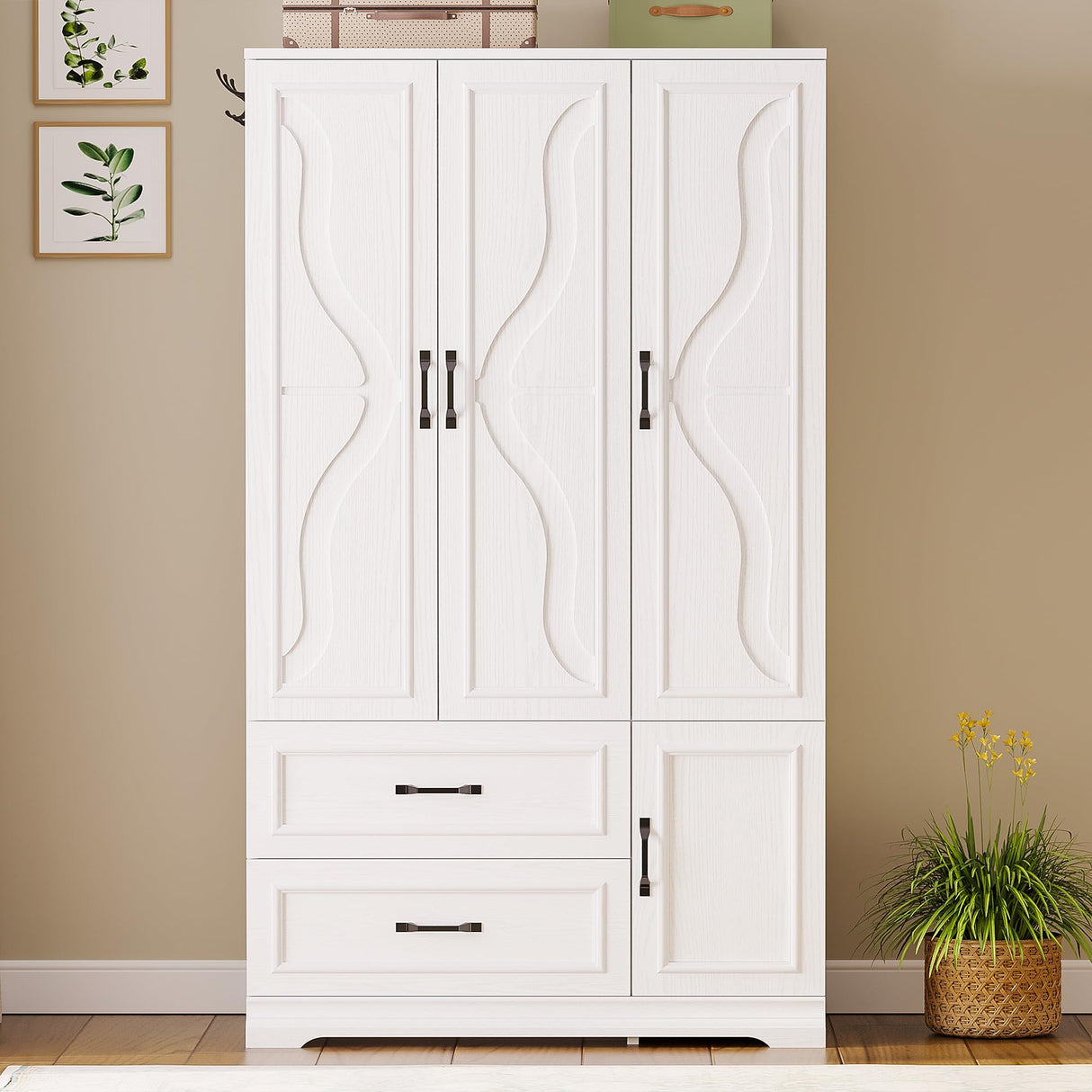 LIKIMIO Armoire Wardrobe Closet with 4 Doors and Drawers, Wardrobe Cabinet with Storage Shelves and Side Hooks, Clothing Storage Cabinet for Bedroom, White LIKIMIO