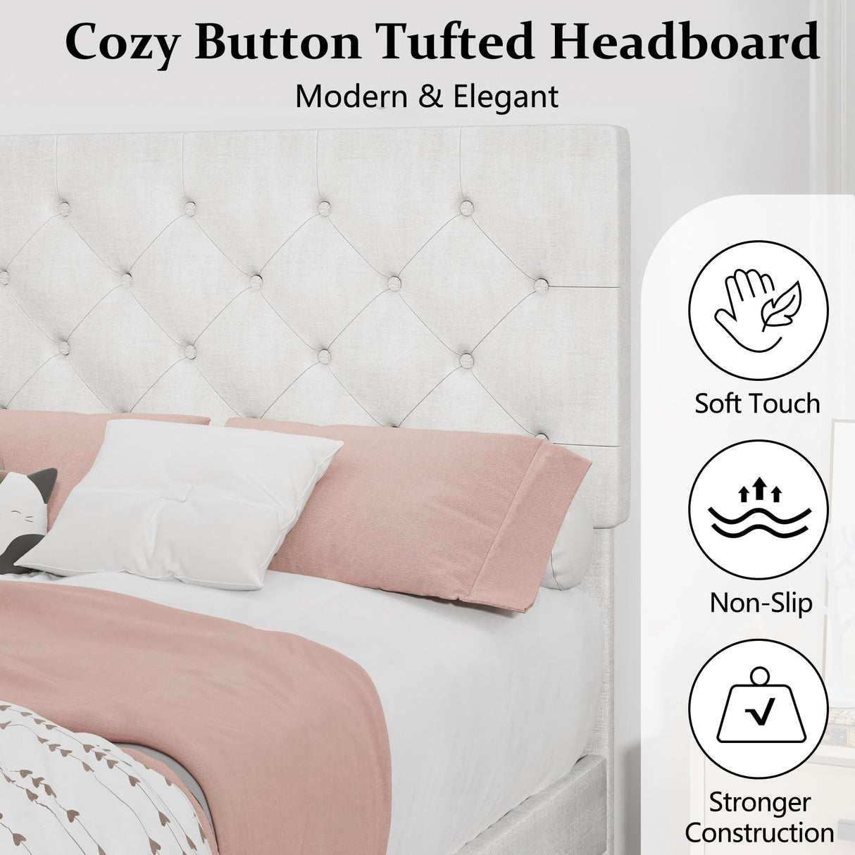 Twin Bed Frame, Upholstered Platform Bed with Button Tufted Headboard, Fabric Bed Frame with Wooden Slats Support, No Box Spring Required, Easy Assembly, White BarnFurin