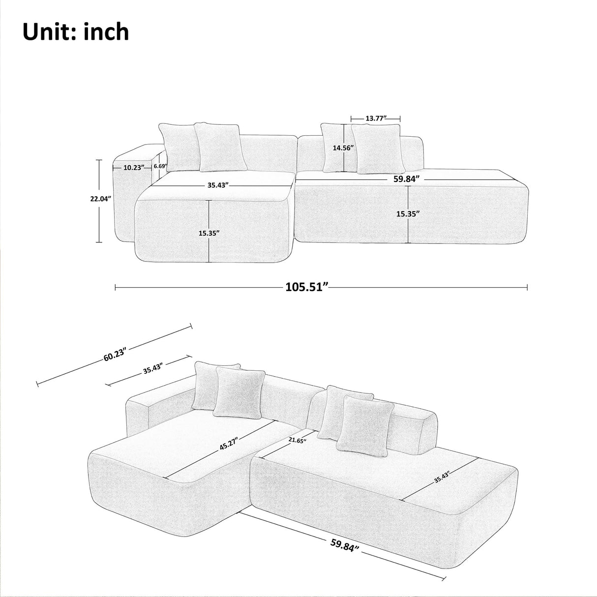 BAMOOLI 105'' Modular Sectional Couch, Modern L-Shape Sectional Sofa with Chaise Lounge, Comfy Lambswool Fabric Corner Sofa Couch, Upholstered 4 Seater Couch for Living Room, Bedroom, Apartment, Beige BAMOOLI