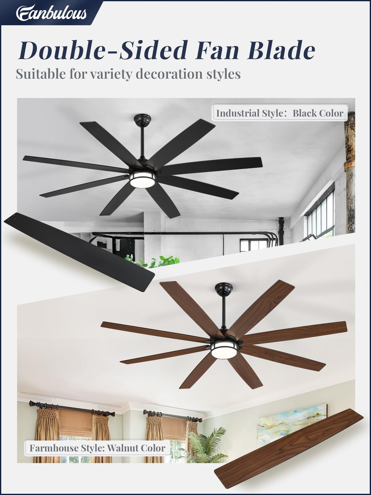 Fanbulous 72 Inch Ceiling Fans with Lights, Large Black Ceiling Fans with Remote, Farmhouse Modern Ceiling Fan Fixtures with Bright LED Light for Living Room, Bedroom, Kitchen Fanbulous