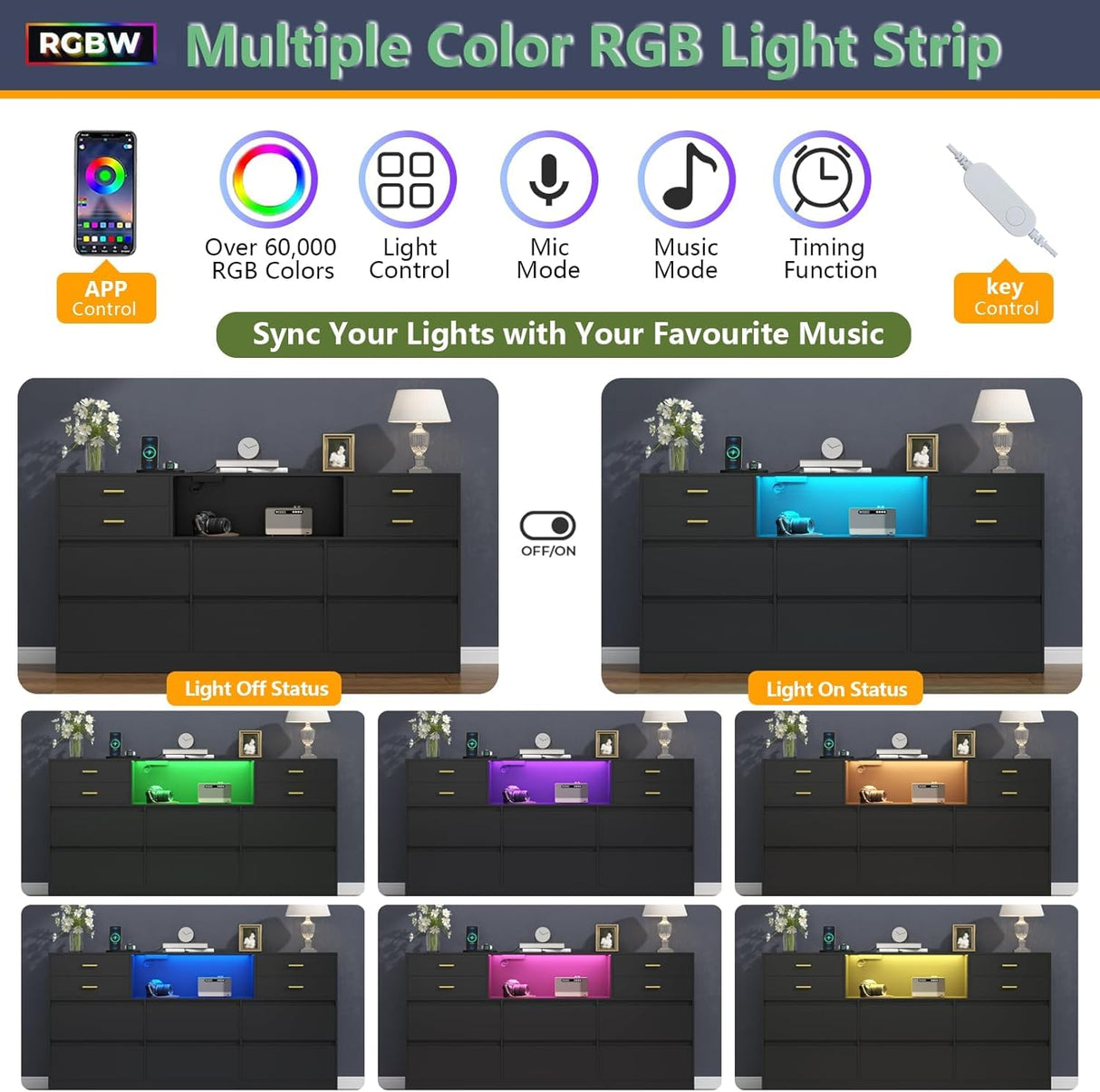 Loomie 10 Drawer Black Dresser with Charging Station & Led Lights for Bedroom, Long 58" Triple Wide Dresser TV Stand for TVs up to 65", Wide Chest of Drawer, Large Dressers Organizer with Open Cubby Loomie