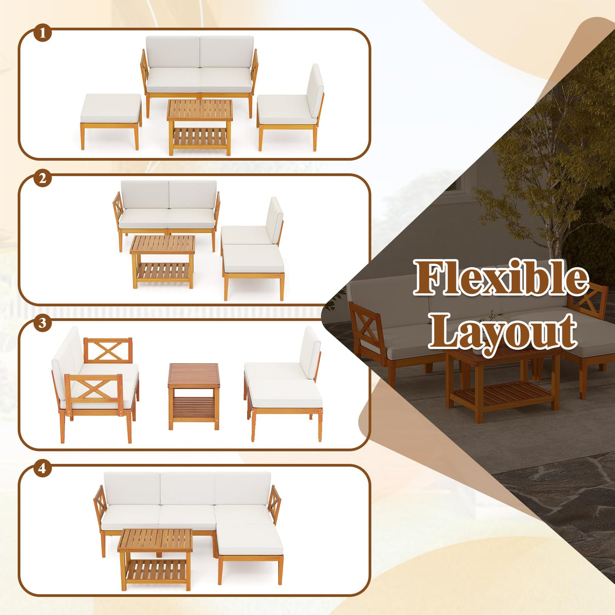 HAPPYGRILL 5 Pieces Acacia Wood Patio Furniture Set, Outdoor Sectional Couch with 2-Tier Coffee Table and Cushions, L Shaped Outdoor Conversation Set for Porch, Garden, Backyard HAPPYGRILL