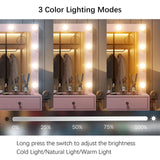 FUSOU Vanity Desk with Power Outlet, Makeup Vanity with Mirror and 12 LED Lights, 3 Lighting Modes, 11 Drawers Vanity Table with Chair, Glass Top, Vanity Set for Bedroom, Pink FUSOU