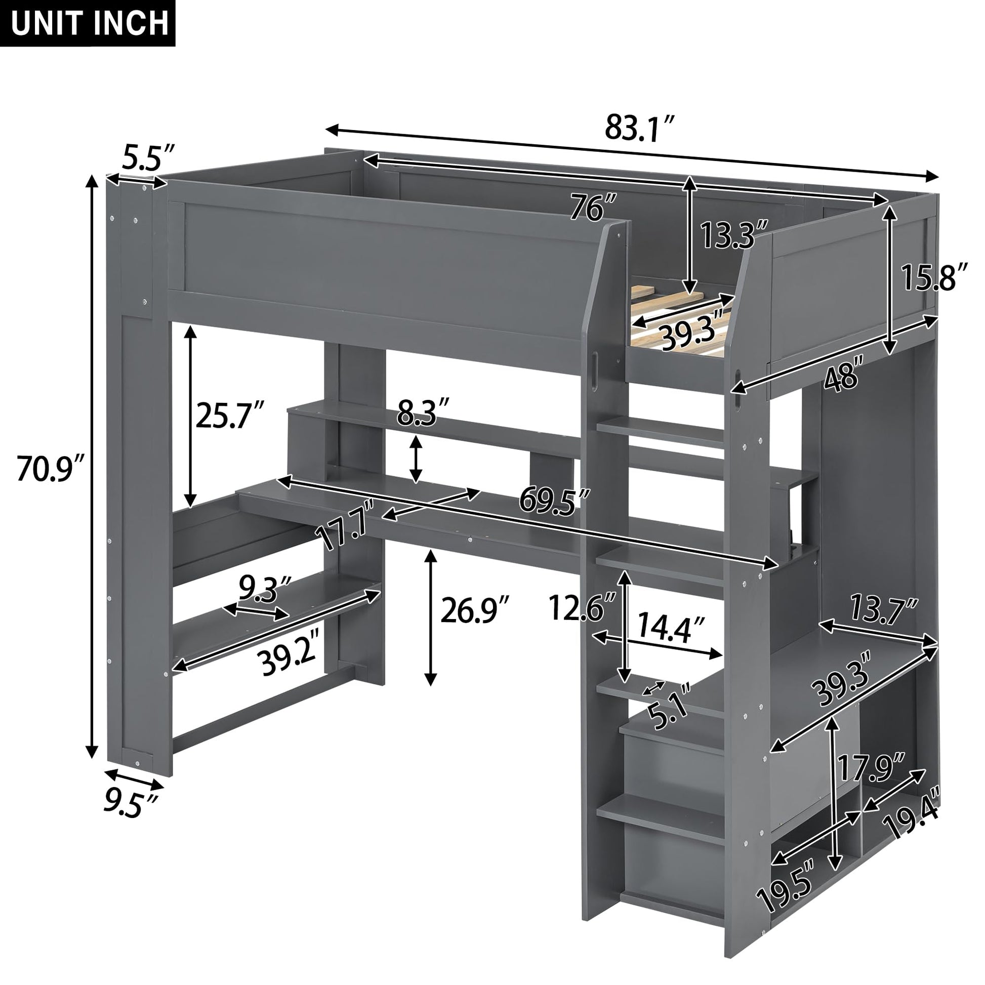 RuiSiSi Twin Size Dark Grey Gaming Loft Bed with Desk, LED Lights & Storage Solutions - WoodArtSupply