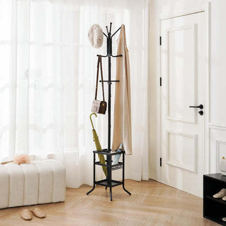 Yoobure Coat Rack Freestanding, Coat Tree with Umbrella Holder, Metal Coat Rack Stand with 12 Hooks, Modern Coat Hanger Stand for Entryway, Purse Rack Hat Rack Stand for Living Room Bedroom Office Yoobure