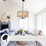 Rattan Chandelier Farmhouse 5 Lights Hand Woven Large Boho Chandeliers for Dining Room Light Fixture Hanging 19" Wicker Pendant Lighting Drum Chandeliers for Living Room Kitchen Island Foyer Hallway MRHYSWD