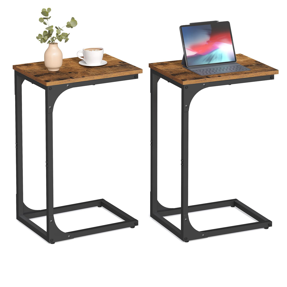 VASAGLE C-Shaped End Table Set of 2, Small Side Table for Couch, Sofa Table with Metal Frame for Living Room, Bedroom, Bedside, Rustic Brown and Black VASAGLE
