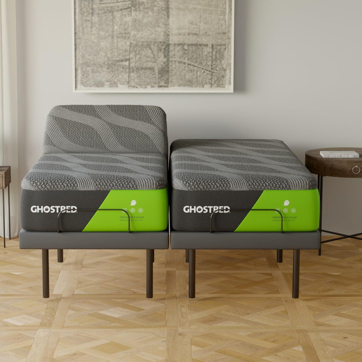 GhostBed Adjustable Bed Frame Split King 14" Cooling Memory Foam Mattress - Adjustable Electric Bed Base with Zero Gravity and Massage – Split King Adjustable Base with Mattress GhostBed